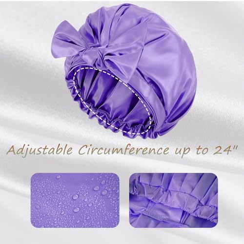 Shower Cap for Women Reusable Waterproof, Large Satin Shower Bonnet, Washable Bath Hat for Long Hair, Braids, Curly Hair, Purple - color: Purple