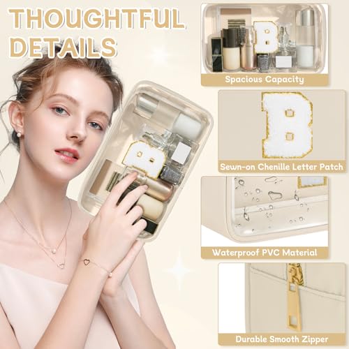 Initial Clear Makeup Bag, Birthday Gift Preppy Chenille Patch Cosmetic Bag, Initial Travel Essentials Beach Toiletry Pouch, Ideal Gift for Teachers & Moms, Women and Girls (Beige, B) - color: Beige, style: B