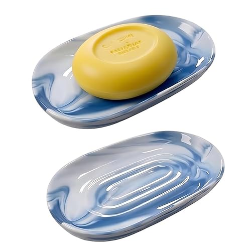 Ceramic Marble Pattern Soap Dish, Textured Raised Soap Saver Tray for Shower Bathroom Kitchen Sink Vanity, Easy to Clean Multi-Use Holder for Bar Soap Jewelry Rings Keys, Blue (1 Pack) - color: Blue