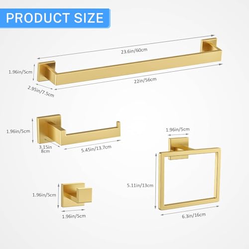 10-Piece Brushed Gold Bathroom Hardware Set Gold Towel Bar Set,Towel Holder/Rack for Bathroom,Stainless Steel Wall-Mounted 23.6 Inch Bathroom Accessories Set - color: 10 Pcs Brushed Gold