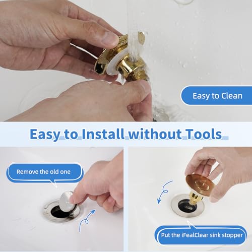 iFealClear Metal Universal Bathroom Sink Stopper, Upgraded Stainless Steel Sink Drain Strainer for 1.1''~2.36" Basin Pop Up Drain Strainer, Anti-Clogging Filter Basket, Brushed Gold - color: Brushed Gold