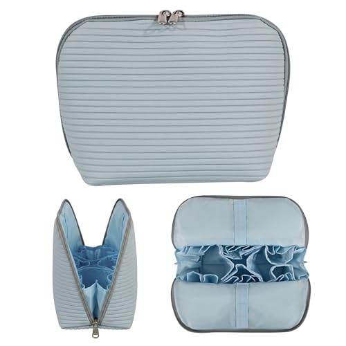 Travel Makeup Bag for Women, Waterproof Stand Up Cosmetic Bag with Brush Holders, Organizer Bag with Compartments, Fold-Down Design for Skincare, Toiletries & Essentials (Blue, Medium) - color: Blue, size: Medium
