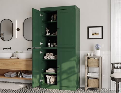 Palace Imports Solid Wood Tall Bathroom Pantry Cabinet with 4 Shaker Doors & Adjustable Shelves, Green - 100% Eco-Friendly, Renewable, Space-Saving Storage, 71.5" H x 32" W, Made in Brazil - color: Green