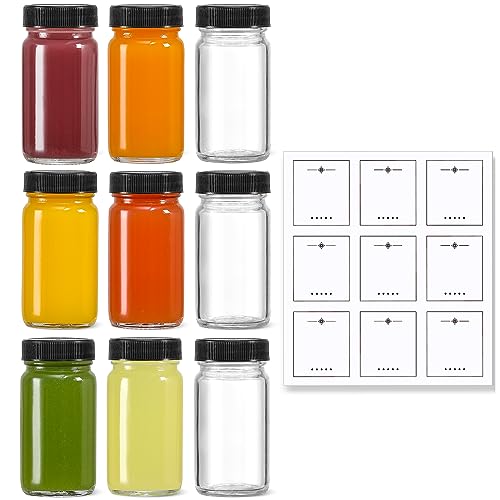 9 Pack, 2 oz Glass Shot Bottles w/ Black Lids & 9 Labels - Small Clear Jar for Ginger, Wellness Shot, Juice, Sample, Whiskey - Travel Essentials Mini Bottles - Wide Mouth, Leakproof, Dishwasher Safe - color: Black Lids, size: 2oz-9 pack