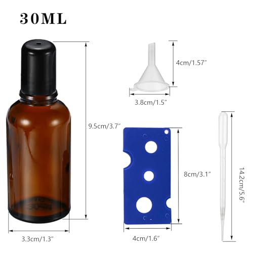 30ML Roller Bottles for Essential Oil, 4 Pack Empty Amber Glass Roller Bottle for Perfume Oil, Roll on Bottles with Stainless Steel Roller Balls, Opener, Funnel and Dropper - size: 30ml_4pcs