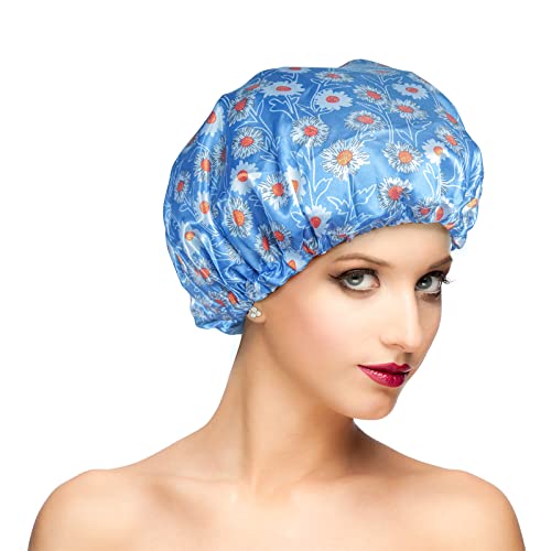 Reusable Shower Cap, Hair Cap, Oversized Waterproof Shower Caps Large Designed for all Hair Lengths with PEVA Lining & Elastic Band Stretch Shower Hat - Blue Flower Shower Caps for Women - color: Blue Flower, size: X-Large