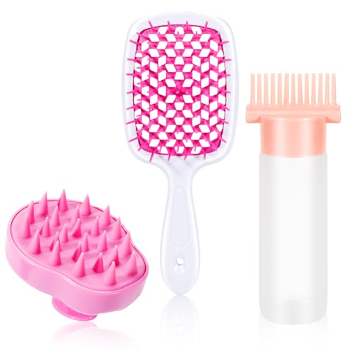 SIMPOR Hair Oil Applicator and Scalp Massager, 3 Pcs Wash Day Kit with Detangling Brush and Root Comb Applicator Bottle for Scalp Care, Deep Cleaning and Hair Dye