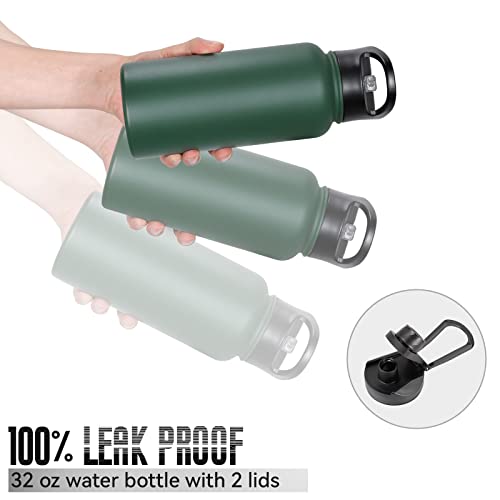 32 oz Insulated Water Bottle Bulk 4 Pack, Stainless Steel Sports Water Bottles with Straw Lid & Wide Mouth Lids, Double Walled Vacuum, Leak Proof, Dark Green - color: Dark Green, size: 32 Ounces-4