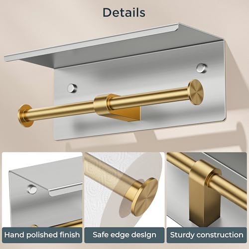 FORIOUS Double Toilet Paper Holder with Shelf, Wall Mount Tissue Roll Holder for Bathroom, 304 Stainless Steel Commercial Toilet Tissue Dispensers with Phone Shelf (1, Stainless Steel & Brushed Gold) - color: Stainless Steel & Brushed Gold