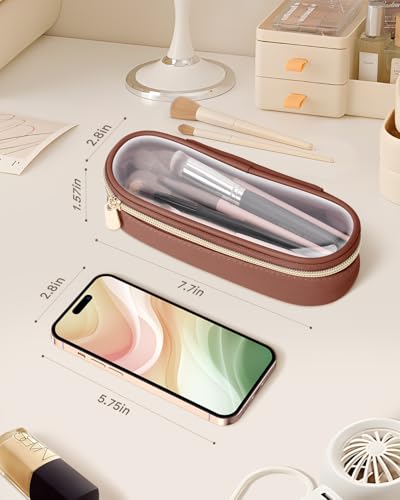 Soimeat Clear Travel Makeup Brush Holder, Leather Makeup Brush Toiletry Bag, Portable Cosmetic Brush Case, Transparent Waterproof Makeup Brush Storage Bag, Brown - color: Brown, size: Small