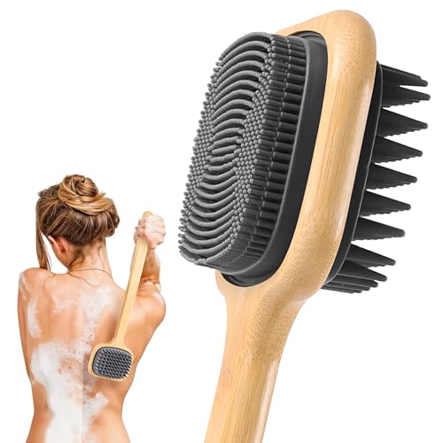 NURENDER 16.92'' Double-Sided Back Scrubber for Shower, Silicone Back Bath Brush Ideal for Sensitive Skin, Exfoliating, with Anti-Slip Bamboo Handle & Hanging Loop, Dry Body Brush for Men, Women - size: 16.92 Inch