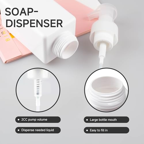 15OZ Foaming Soap Dispenser, 2-Pack Plastic Hand Soap Dispenser, Refillable Leakproof Foam Pump Bottle with Waterproof Labels, for Shampoo, Body Wash - color: White, size: 450ML