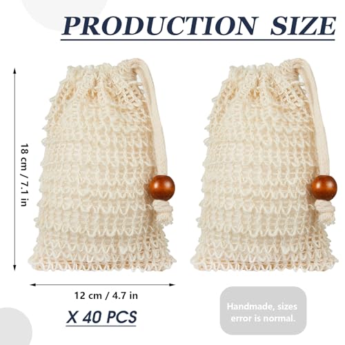 Cunhill 40 Pack Soap Saver Bag Exfoliating Soap Pouch with Drawstring Bar Wooden Bead Foaming and Drying Exfoliating Net for Bath and Shower (4.7x7.1 Inch) - size: 4.7x7.1 Inch