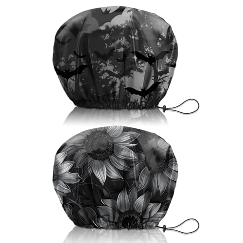 2 PCS Shower Cap Reusable Waterproof Double Layers Hair Caps Shower Bath Adjustable Elastic Hat for Women Girls Cute Aesthetic-Bat Sunflower - color: AI12-Bat Sunflower