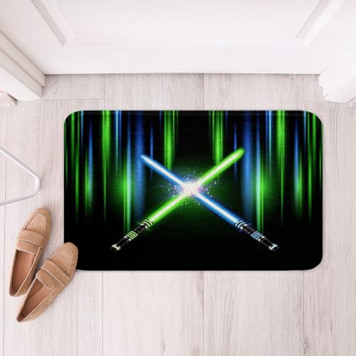 Geometric Light Up Sword Non Slip Bath Mat Kids Girls Boys Neon Blue Green Light Stripes Bathroom Rug Teens Modern Fashion Games Shaggy Absorbent Floor Mat 3D Black Bath Indoor Doormat Decor,16"x24" - color: Lightsaber 03, size: 16" x 24"