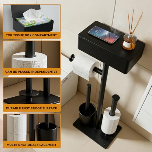 Freestanding Toilet Paper Holder Stand with Shelf for 7 Rolls, Free Standing Black Toilet Paper Roll Holder with Wipes Storage Drawer, Rustproof Metal Floor Bathroom Tissue Holder for Bathroom - size: Style 2