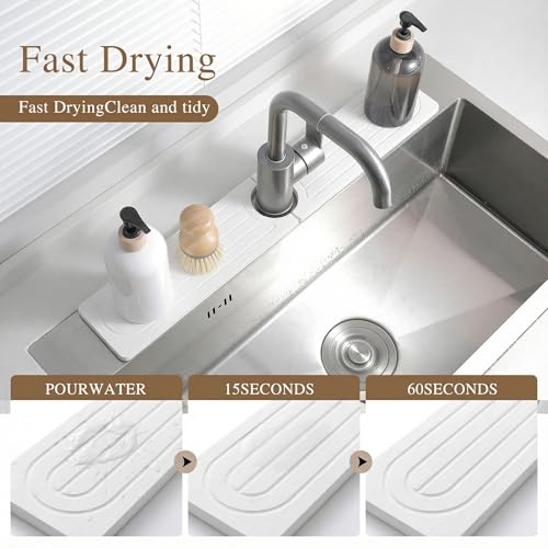 Diatomite Faucet Mat for Kitchen Sink, Quick-Dry Stone-Like Sink Mat, Flat Lay Absorbent Countertop Drying Mat for Faucet Area, Hard Diatomite Mat, White, 23.6 x 4 in - color: White2