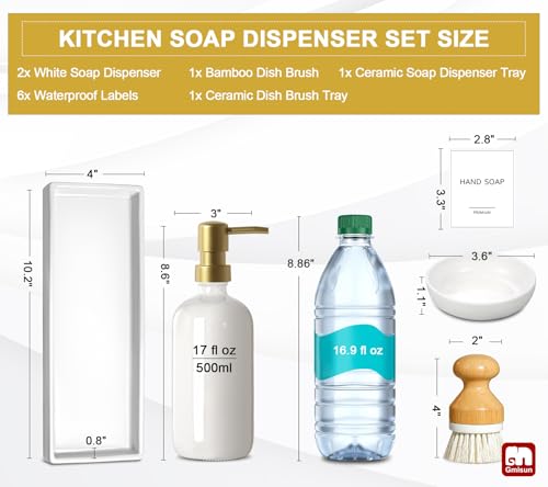 GMISUN Kitchen Soap Dispenser, 16 Oz Kitchen Dish Soap Dispenser Set with Ceramic Tray & Bamboo Brush, 2Pcs Farmhouse Dish Soap Dispenser for Kitchen, Modern White Glass Liquid Hand Soap Dispenser - color: White Bottles + Gold Pumps
