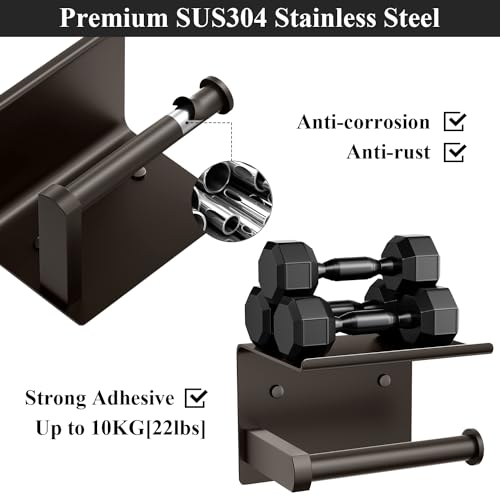Tindbea Toilet Paper Holder with Phone Shelf + Towel Robe Hooks, Adhesive or Screw Wall Mounted Toilet Paper Roll Storage Dispenser, Stainless Steel Bathroom Tissue Roll Holder (Bronze) - color: Bronze, size: Regular