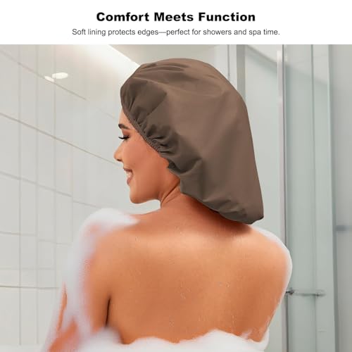 2 Pack Shower Caps for Women, Reusable Waterproof Shower Cap with Elastic Band, Thickened Waterproof Fabric Shower Bonnet for Braids, Long Hair - color: Mist Blue/Mocha Taupe