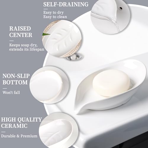Soap Dish 2PCS, Self-Draining Bar Soap Holder, Leaf Shape Ceramic Drain Soap Dishes for Bathroom Kitchen, Easy to Clean Keeps Soap Dry, White, ANTIS'S HOME - color: White-2pcs-enhanced Draining