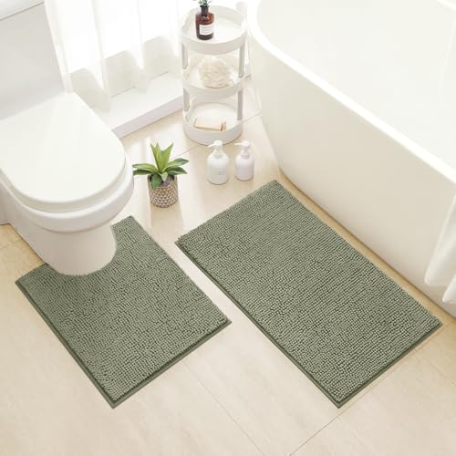 HOMEIDEAS Bathroom Rugs Set 2 Pieces, Ultra Soft Non Slip Absorbent Chenille Toilet Bath Mat Set (Sage Green) - color: Green-sage Green, size: 1'8" x 2'8" (U Shape 20"x24"+20"x32")