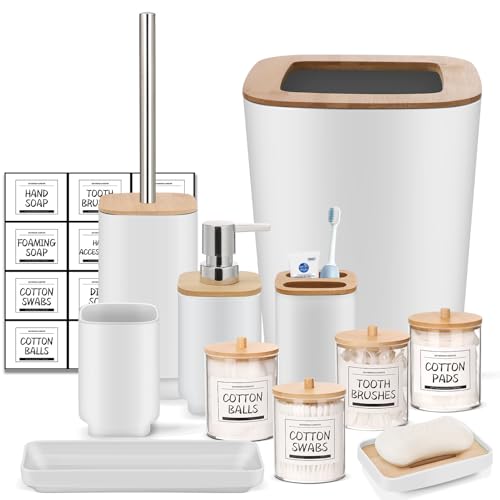 IMAVO 11 Piece White Bathroom Set, Trash Can, Toilet Brush, Storage Tray, Complete Bathroom Accessories Organization Kit for Bathroom Décor and Home Gifts - color: White, size: 11 Pcs Bathroom Set