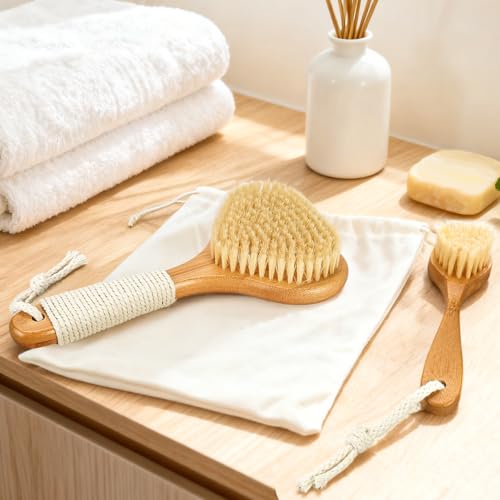 eaxun Bamboo Dry Brushing Set with Body and Face Brush, Dry Scrub Brush with Exfoliating Natural Boar Bristle for Lymphatic Drainage, Cellulite Reduction, Blood Circulation and Glowing Skin, 2 Pack - color: Boar Bristles