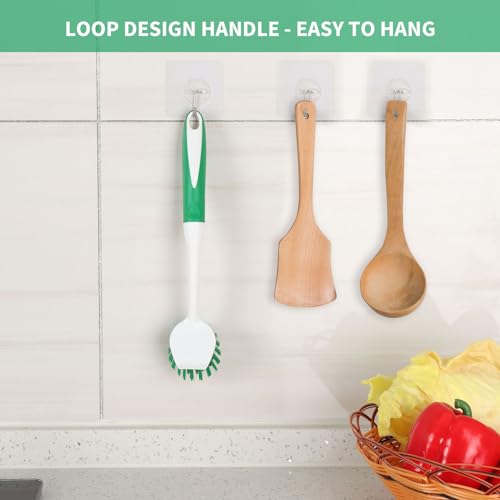 Dish Brush with Handle, 2 Pack Scrub Brushes with Built-in Scraper for Cleaning Kitchen, Pots, Pans and Sink, Scrubber Washing Tools, Green - color: Green