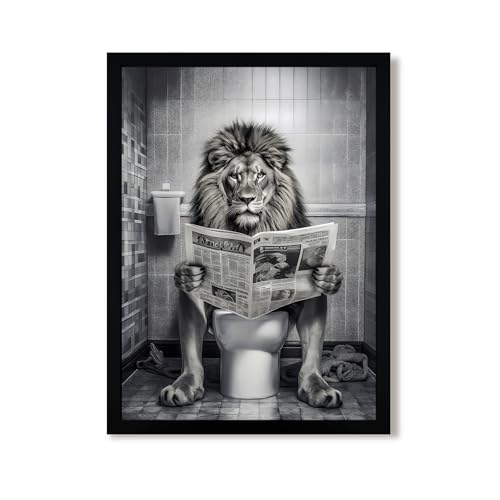 URMOYA Black and White Funny Majesty Lion Bathroom Wall Art, Animal Picture Bathroom Canvas Wall Decor, Majesty Lion on Toilet Reading Newspaper Modern Humor Painting Art Prints 12x16 Inch Wood Framed - color: Lion, size: 16"L x 12"W