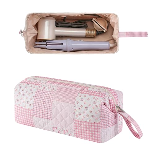 RSRSLEII Large Quilted Hair Tools Travel Bag with Floral Pattern,Hair Styling Accessories Storage Case for Flat Irons,Straightener,Curling Iron,Hair Dryer,Portable Organizer(14 Pink Check) - color: 14 Pink Check