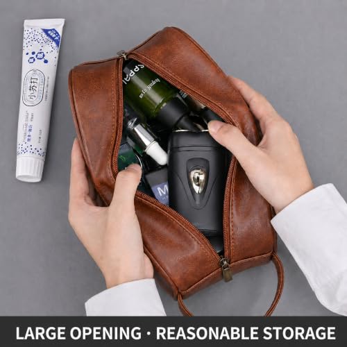 Men's Toiletry Bag, Vintage PU Leather Travel Shaving Case, 9.1" Lightweight Toiletries Organizer Pouch, Premium Grooming Gift for Husband Dad, Khaki (Khaki) - color: Khaki