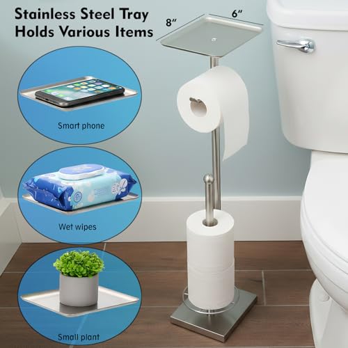 Toilet Paper Holder with Shelf, Toilet Paper Stand with Storage for Holding Extra 3 Rolls, Freestanding Toilet Paper Holder for Bathroom (Brushed Nickel with Metal Base) - color: Brushed Nickel With Metal Base