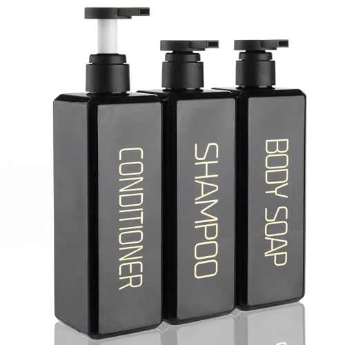 Shampoo and Conditioner Dispenser Shower Soap Bottles 3 Pack 550ml/18.6oz Refillable Shampoo Pump Bottle Dispenser Plastic Empty Body Wash Dispensers with Stylish Permanent Labels for Bathroom (Black) - color: Black