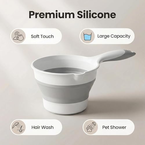 Premium Silicone Bath Rinse Cup & Water Pourer - Large Capacity Gray and White Bath Cup for Rinsing Hair, Shower Hair Washing Mug, Pet Bathing, and Travel