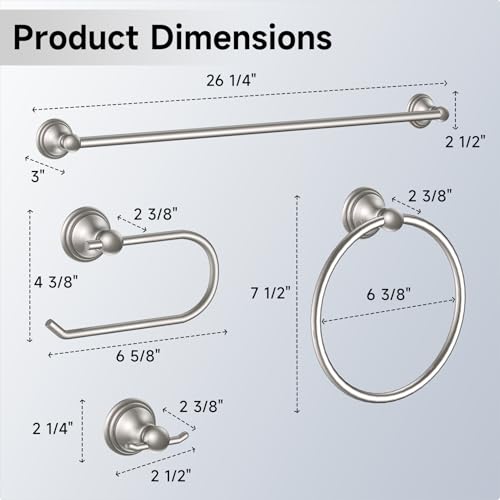 Formosa Design Hardware Classic 4-Piece Bathroom Accessories Set, 24-inch Towel Bar, Toilet Paper Holder, Towel Ring, and Robe Hook, Durable Zinc Alloy & Stainless Steel, (Brushed Nickel Finish) - color: Brushed Nickel