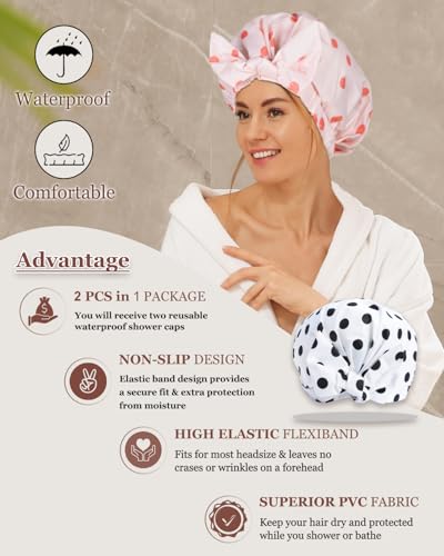 2Pcs Shower Caps for Women Shower Cap Reusable Waterproof Hair Cap for Shower with Adjustable Bowknot Luxury Bath Cap for Women (Black Dot & Pink Dot) - color: Black Dot & Pink Dot
