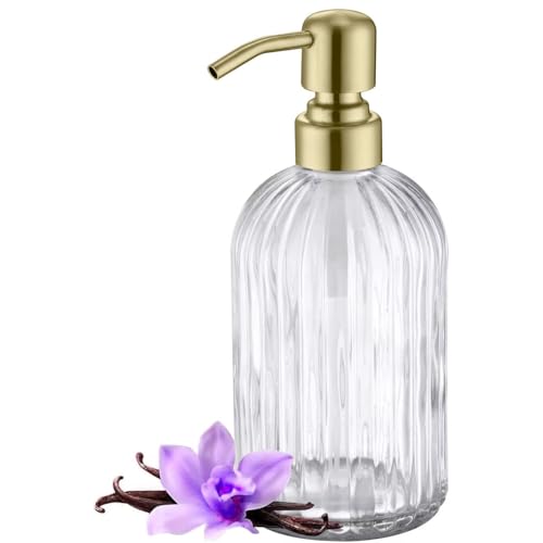 Gold Refillable Glass Kitchen Soap Dispenser,16oz Bathroom Soap Dispenser with Vertical Strip,Golden 304 Stainless Steel Pump Head, Clear Thick Glass,for Modern Home Decor, Countertop, Hotel - color: Brushed Gold + Clear, size: 1-Pack
