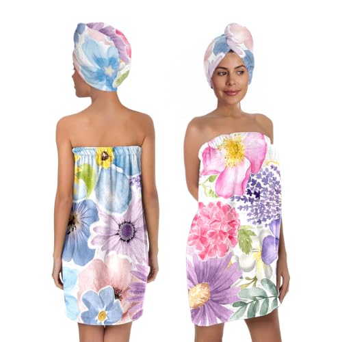 Women's Pink Floral Bath Wrap & Hair Towel Set - Soft Microfiber Spa Body Wrap with Snap Buttons, Absorbent Adjustable Shower Towel with Drying Turban for Gym, Sauna & Dorm (Floral 20) - color: Floral 20