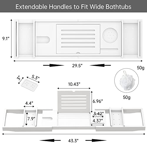 Zhuoyue Bamboo Bathtub Tray, Expandable Premium Bath Tray for Luxury Bathroom, Adjustable Bath Accessories for Tub with Soap Towel Book Holder, Extendable 29.5-43.3" White - color: White