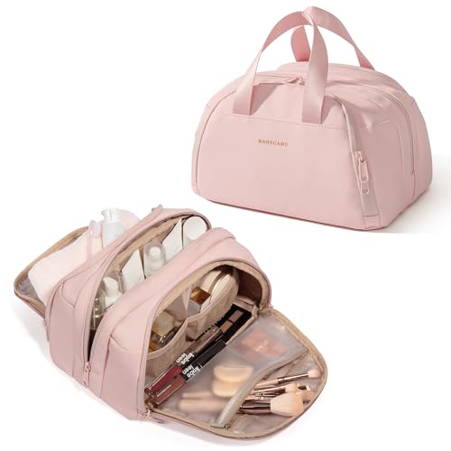 Marscamd ravel Makeup Bag for Women, Lay-Flat Toiletry Organizer, Pink | Lay-flat design, waterproof wet & dry pockets, 3-section organization & lightweight carry - color: Pink