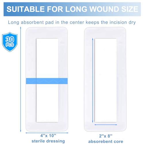 30 Pack 4"x10" Waterproof Adhesive Island Dressing for Post-Surgery Recovery | Sterile Bordered Gauze Bandages with Non-Stick Pad for Knee/Hip Replacement, Surgical Incision Care & Shower Protection - size: 4x10 in
