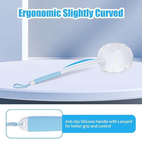 VANZAVANZU Loofah Sponge Set Back Scrubber for Shower, Anti-Slip Plastic 17" Handle Loofah on a Stick with Fluffy Shower Sponge, PE Soft Mesh Shower Loofahs-White with Blue Grip