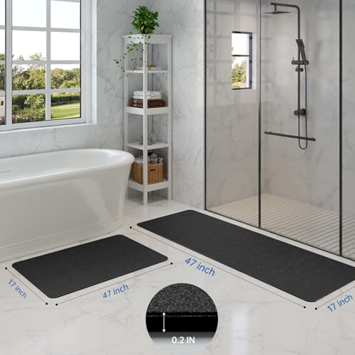 Dark Grey Bath Mat Set 2 Piece - Quick Dry Super Absorbent Diatomaceous Earth Bathroom Rug With Rubber Backing Non-Slip for Shower Floor, 47x17 + 24x17