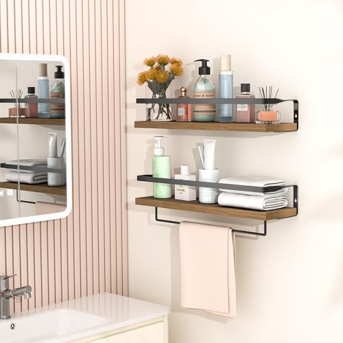 Bathroom Shelves with Towel Bar, Wood &Metal Frame, 2 Pack(Light Brown) | Floating Shelves for Bathroom, Kitchen, Living Room, Bedroom - color: Light Brown
