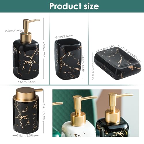 Black and Gold Bathroom Accessories Set, Marble Bathroom Accessories 5 Pieces Ceramic Modern Bathroom Accessories Set with Bathroom Soap and Toothbrush Holder Set, Soap Dispenser, Mouthwash Cups