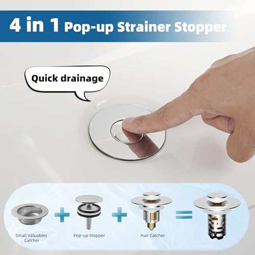 iFealClear Upgraded 4-in-1 Bathroom Sink Drain Stopper Hair Catcher, Universal Pop Up Strainer with 2-Layer Removable Stainless Steel Filter Basket, Anti-clog Sink Plug for 1.1"-2.36" US Basin, Chrome - color: Chrome