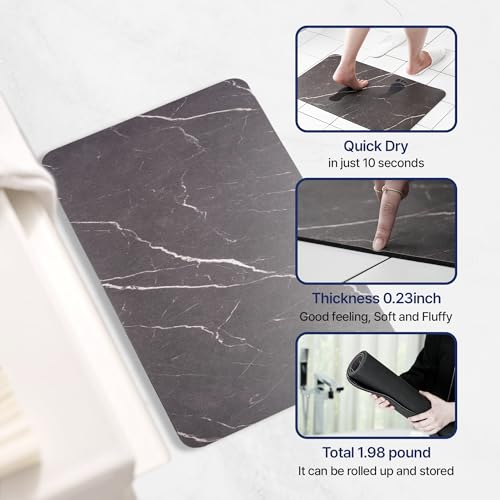 Aureo Super Absorbent Diatomaceous Bath Mat, Quick Dry, Soft Non-Slip Rug for Bathroom, Kitchen, Entryway, Easy Clean, Marble Design, 27.55" x 15.74", Black