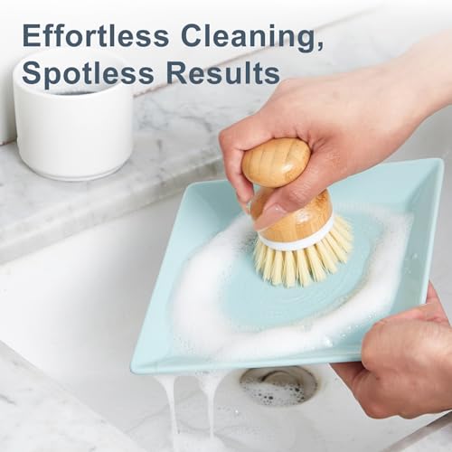 ONEMORE Bamboo Dish Brush with Ceramic Foaming Base, Kitchen Sink Scrub Brush Set with Spring and Mesh Insert, Wooden Handle Dishwashing Brush for Pots Pans Plates Bowls, White - color: White