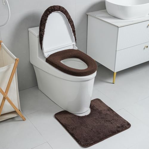 3piece Toilet Seat Cover Set - Toilet Seat Cover +Toilet Lid Cover + toilet rugs u shaped washable, Fits Most Elongated Round and Oblong Toilet,(Machine Washable,Quick-Dry) coffee - color: coffee